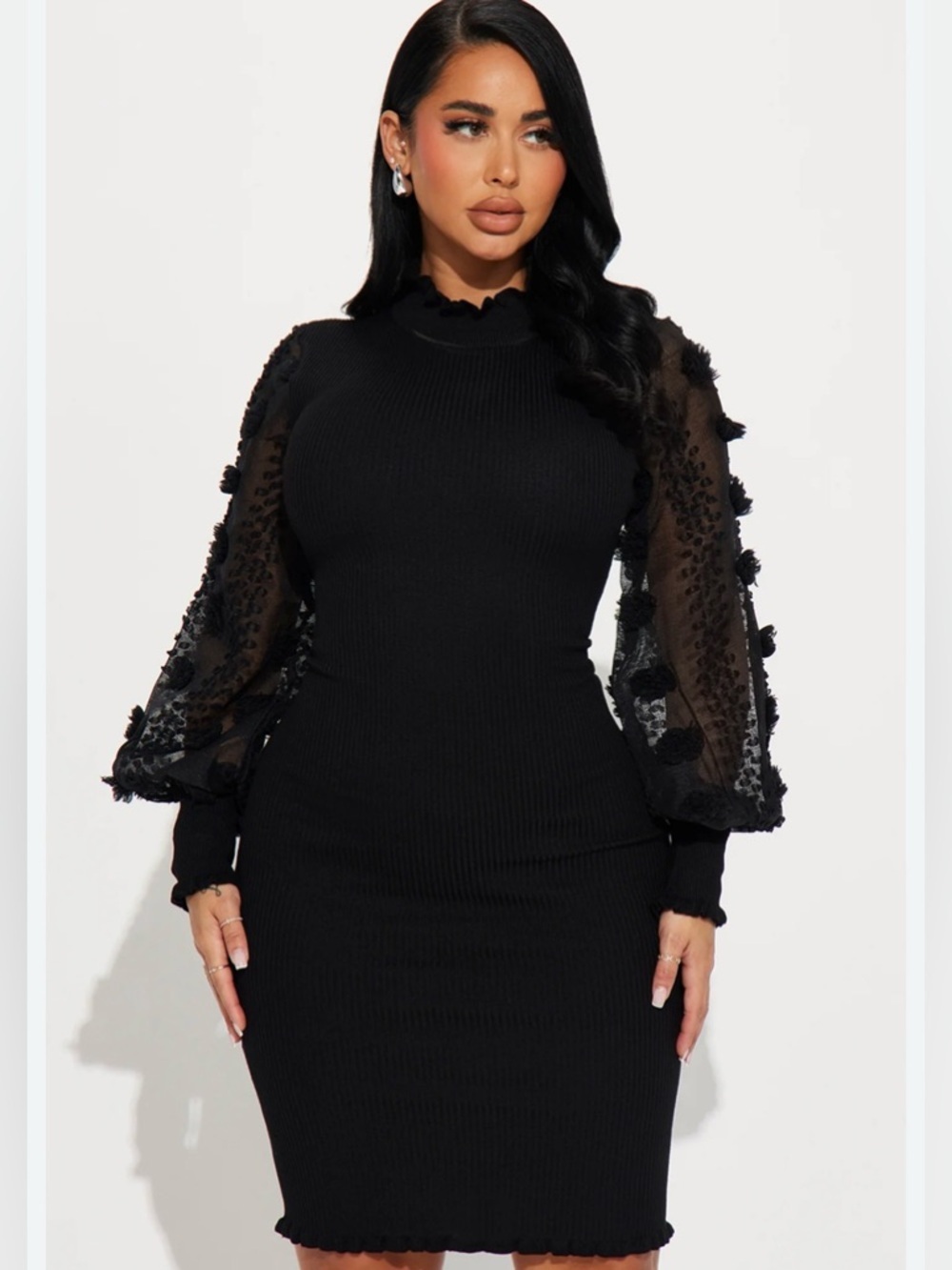 Almost Famous Black Ribbed Bodycon Dress with Sheer Puff Sleeves